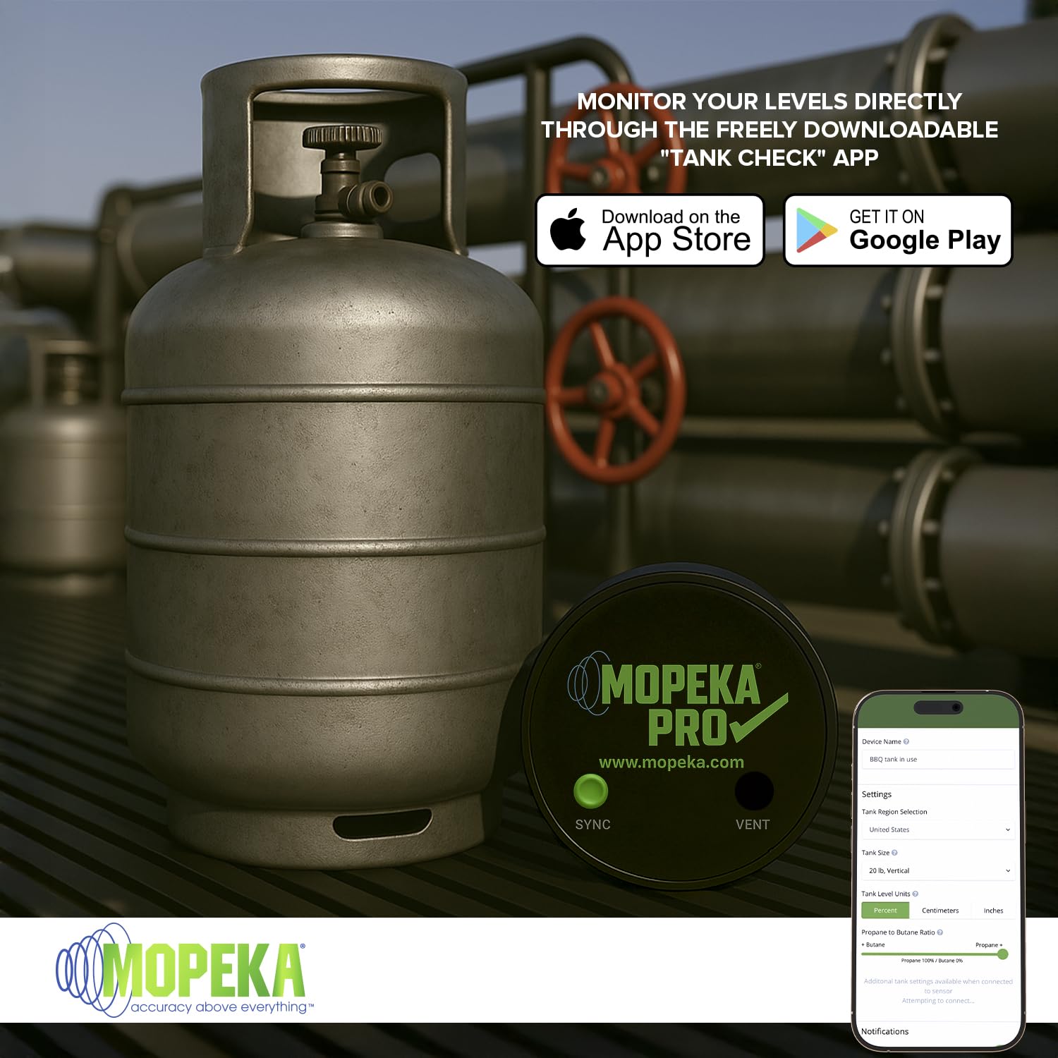 Mopeka Pro Check close-up sensor face highlighting durable build and precise sensing