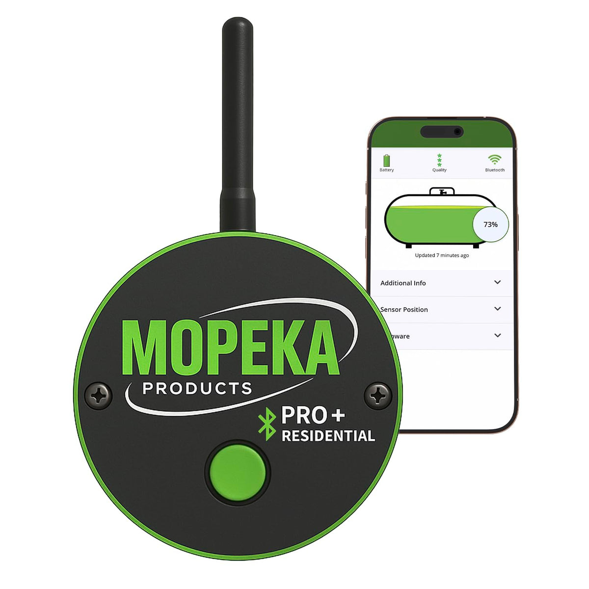 Mopeka PRO+ front view showing durable housing and labels for reliable monitoring