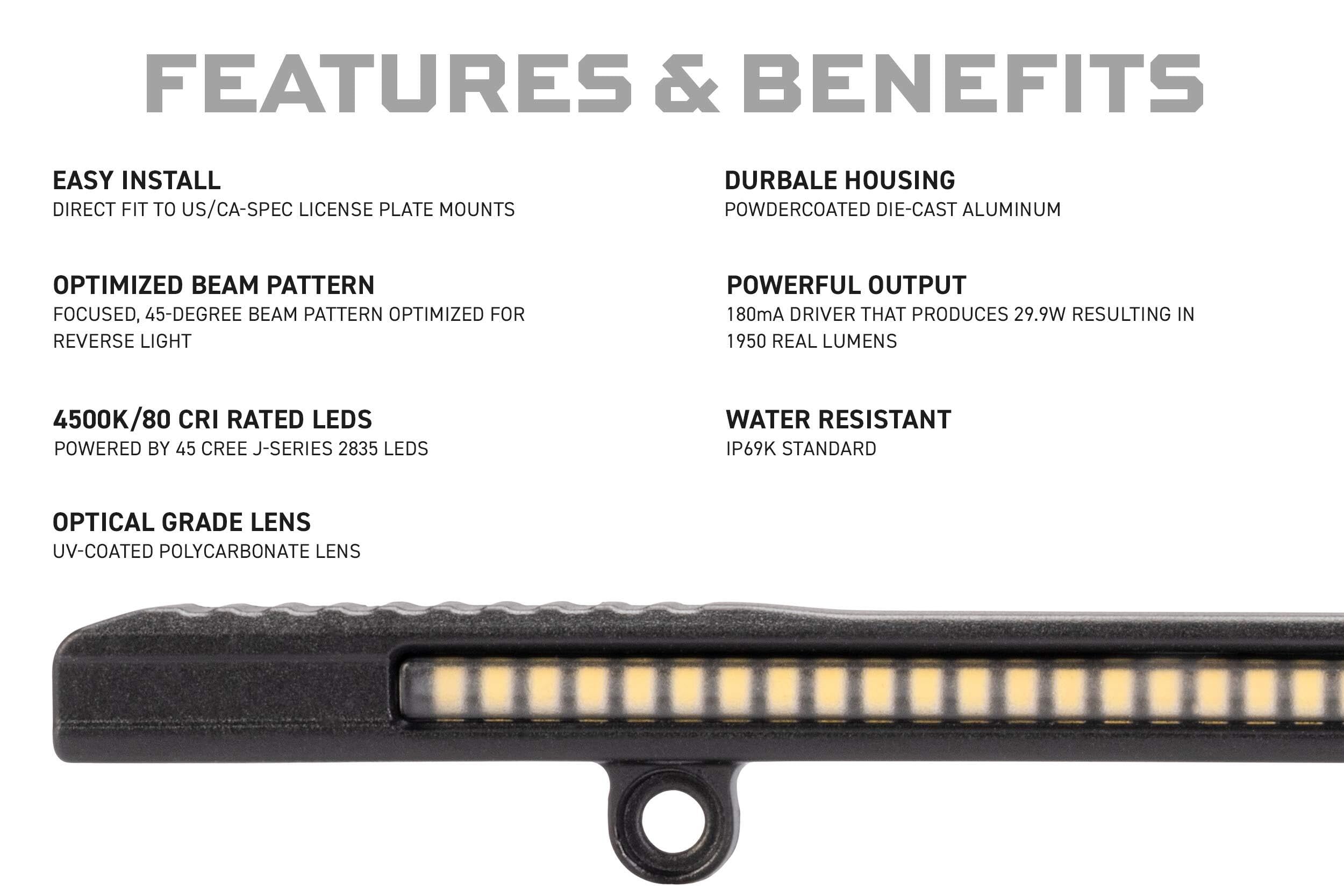 Morimoto backup light boost bar mounted on license plate demonstrating flush installation