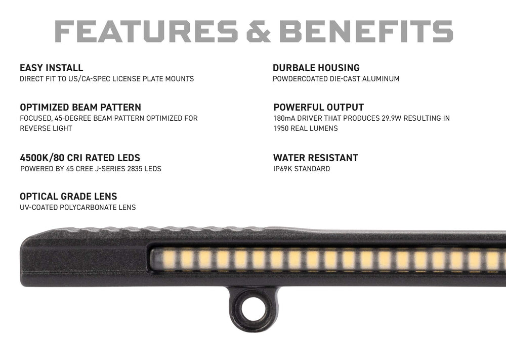 Morimoto backup light boost bar mounted on license plate demonstrating flush installation