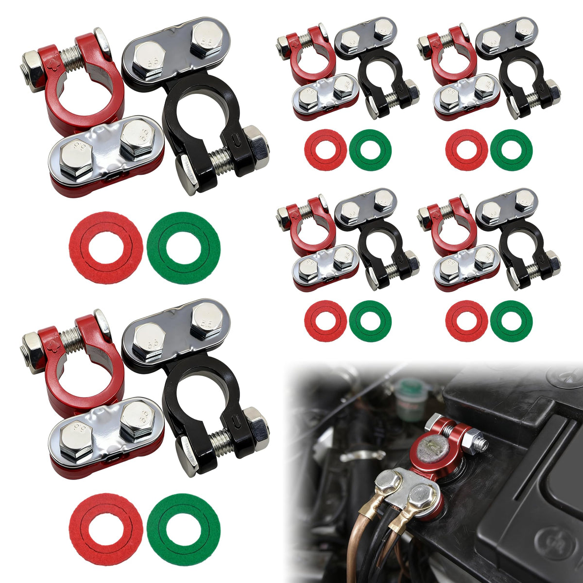 MOSIOBERDAVIAN front view of 12-piece terminal set showing red and black clamps, organized for easy selection