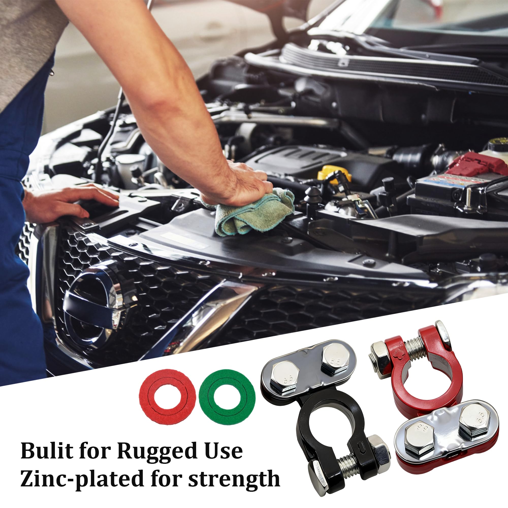 MOSIOBERDAVIAN clamps installed on a car battery demonstrating secure fit and safer electrical connection