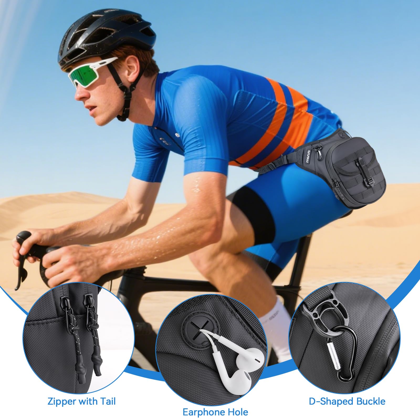 MOSISO leg pouch strap and buckle detail ensuring customizable secure fit