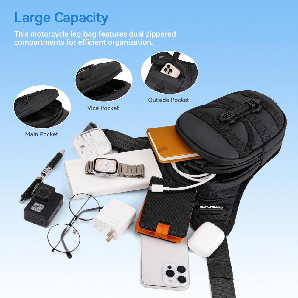 MOSISO motorcycle leg bag mounted on rider providing secure hands‑free carry