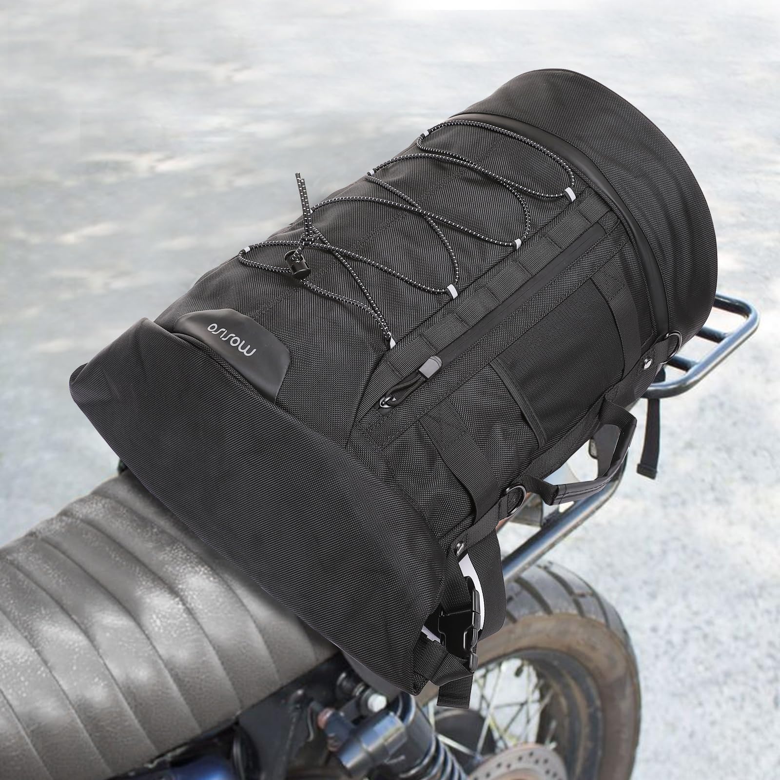 MOSISO size comparison with helmet illustrating scale and packing ability