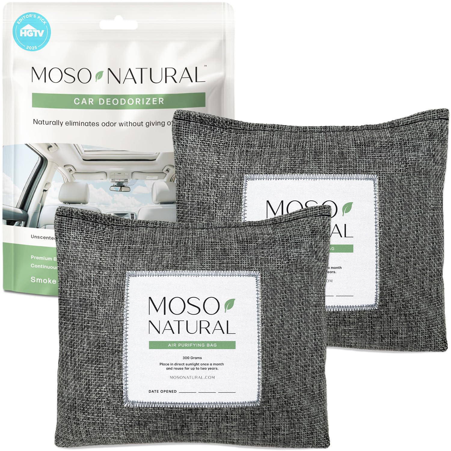 Moso Natural front packaging showing two charcoal bags and benefits