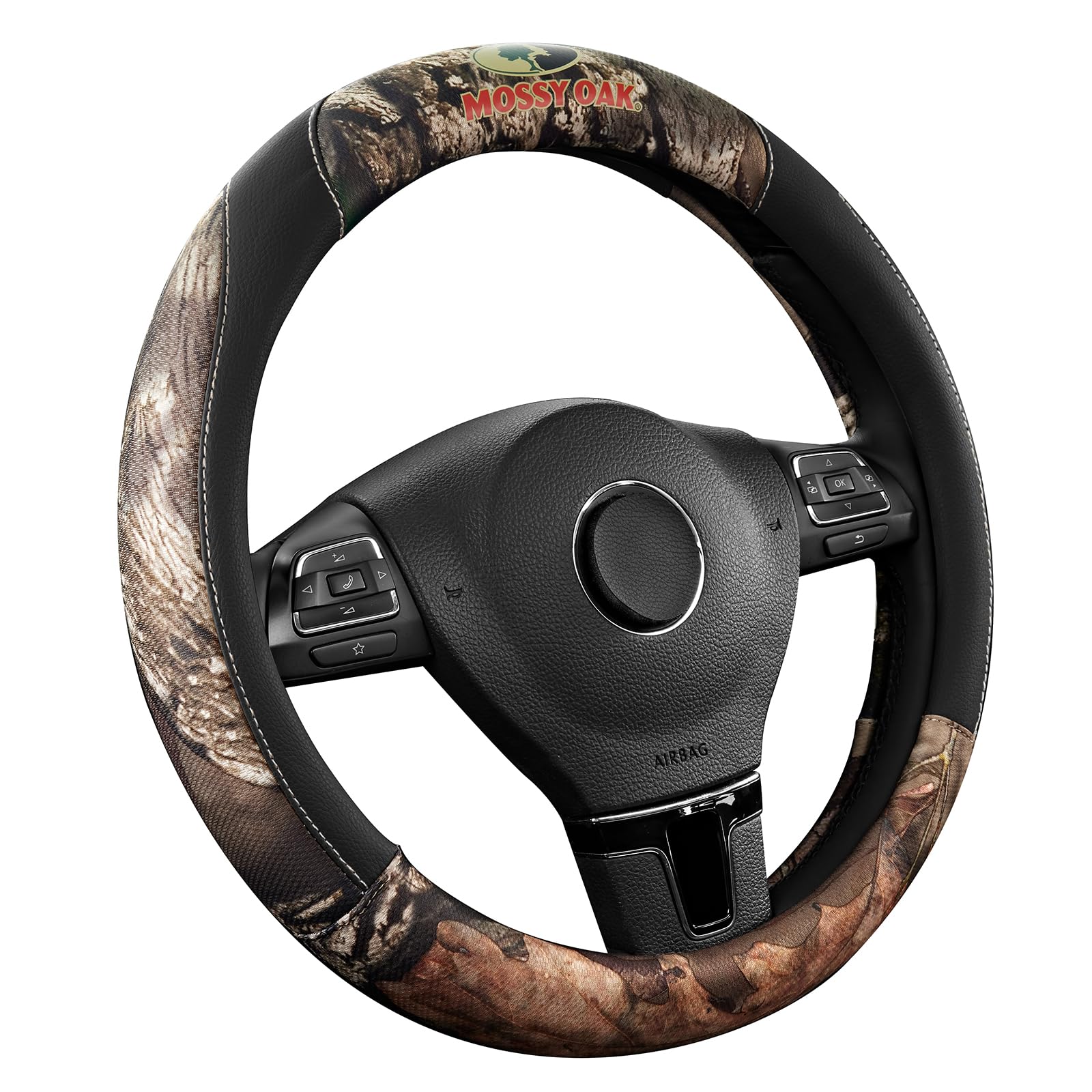Mossy Oak steering wheel cover front view showing full camo and black trim benefit grip