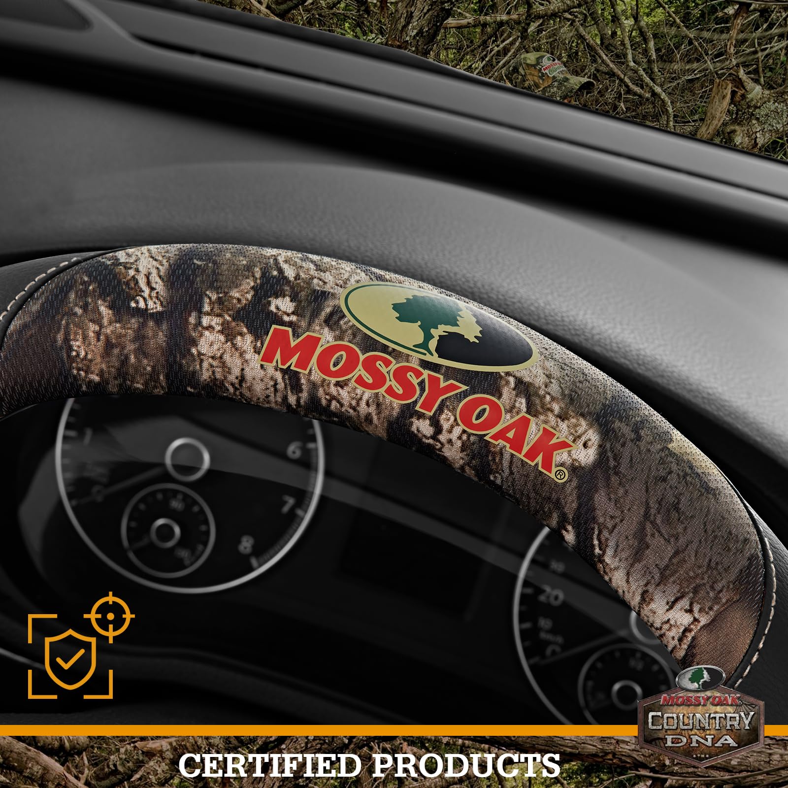 Mossy Oak cover installed on steering wheel showing improved grip and style