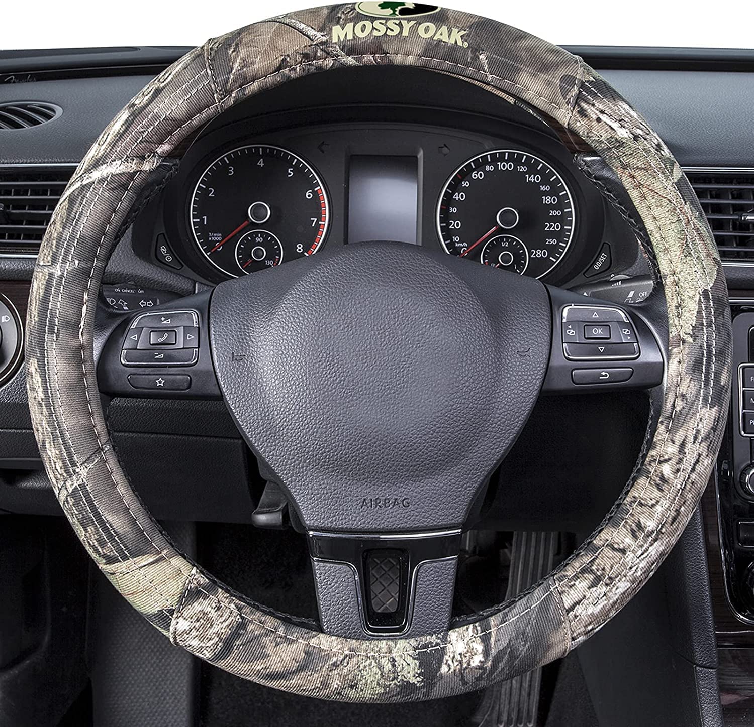 Mossy Oak front view of cover showing full camo pattern and benefit of stylish protection