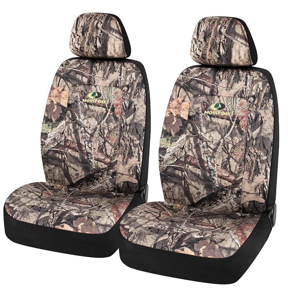 Mossy Oak front seat covers in packaging showing included pieces and benefit of complete set