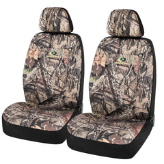 Mossy Oak front seat covers in packaging showing included pieces and benefit of complete set