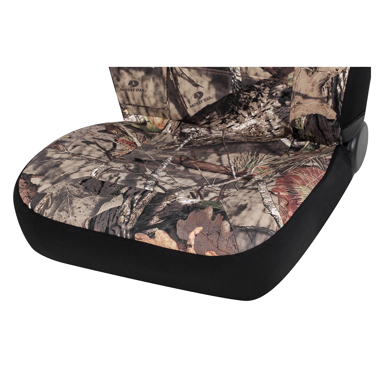 Mossy Oak headrest cover detail showing fit and matching camouflage benefit
