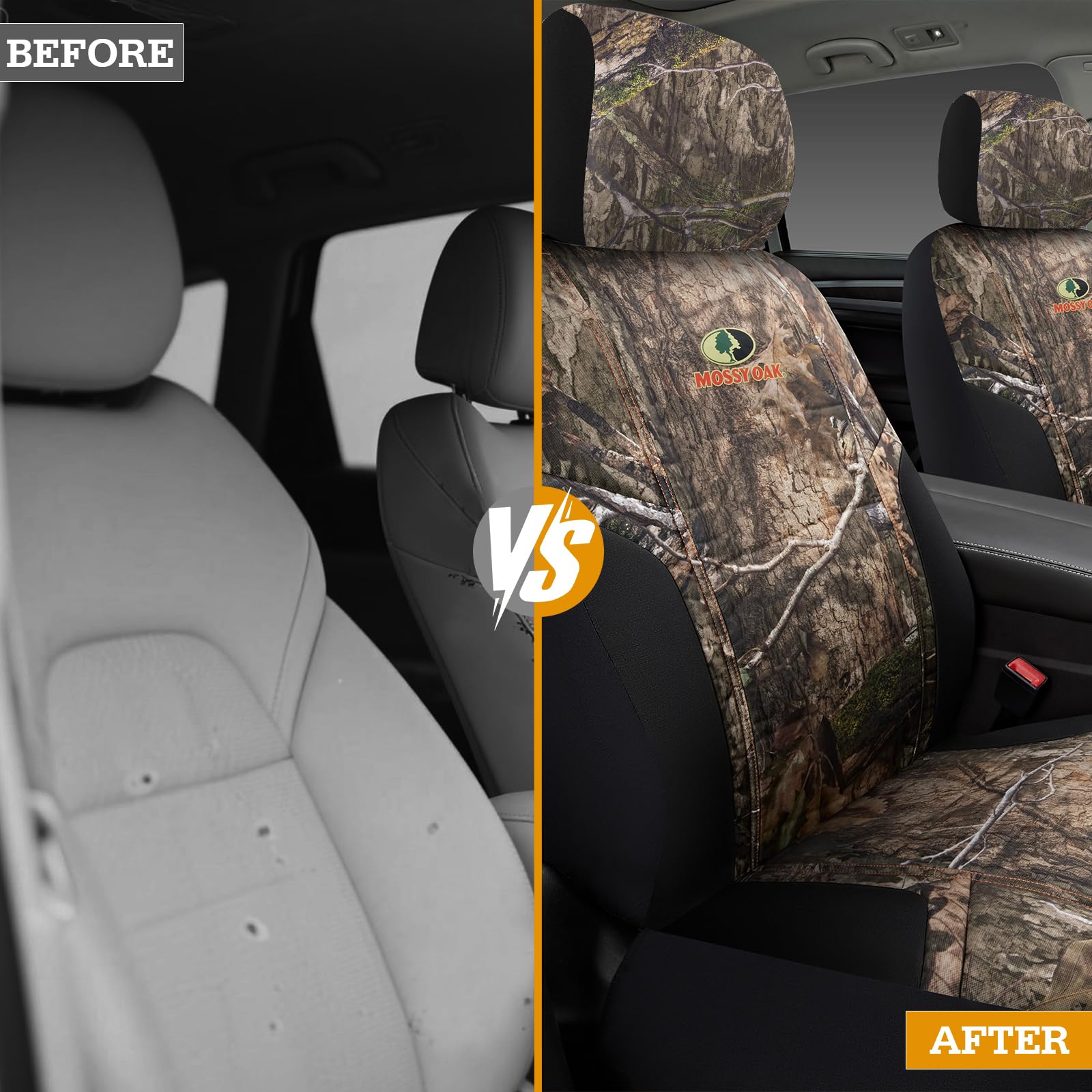 Mossy Oak seat cover beside ruler for size comparison and fit clarity
