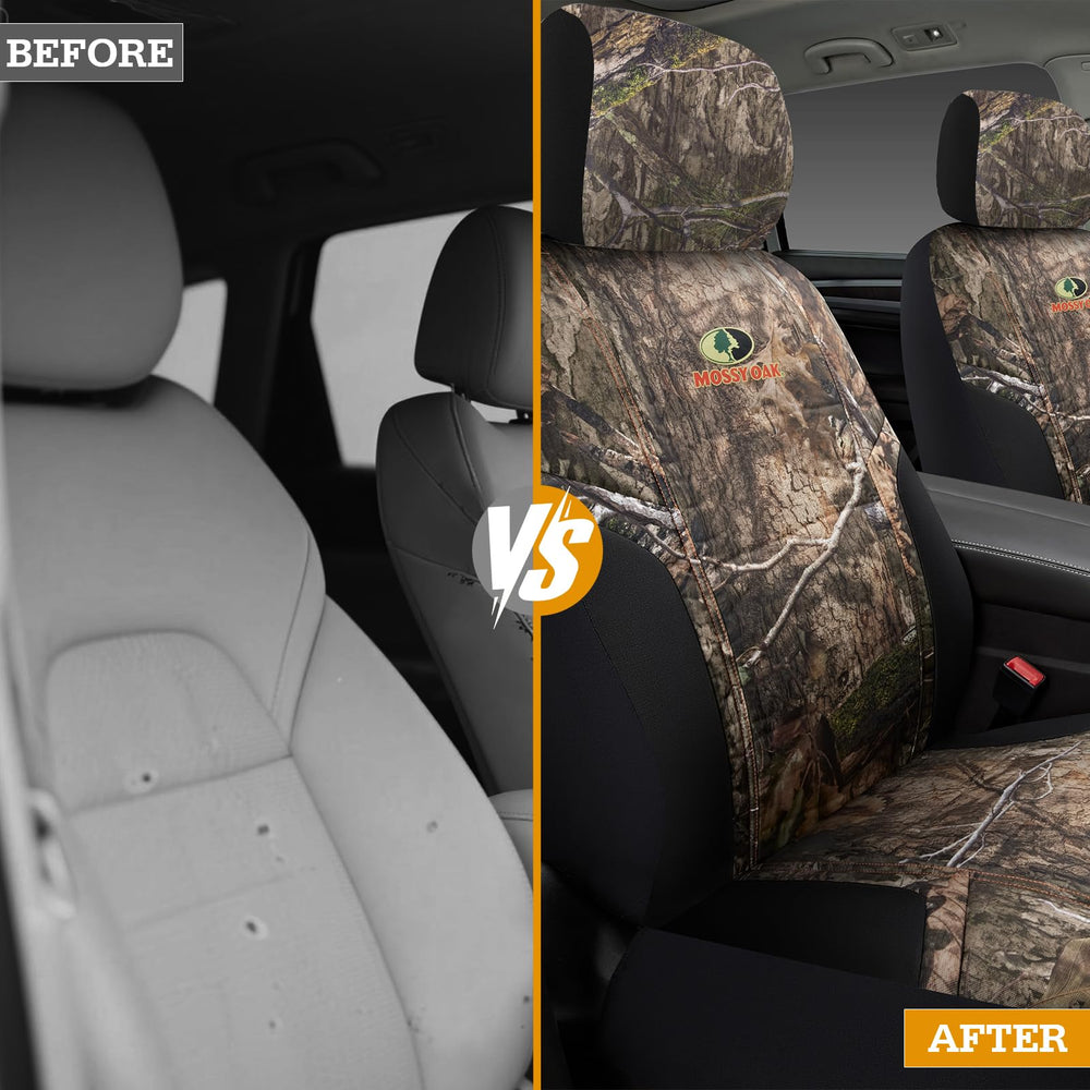 Mossy Oak seat cover beside ruler for size comparison and fit clarity