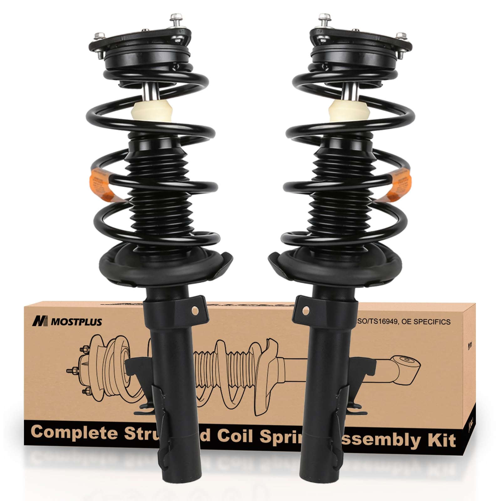 MOSTPLUS front strut pair front view showing ready-to-install units and fast fit benefits