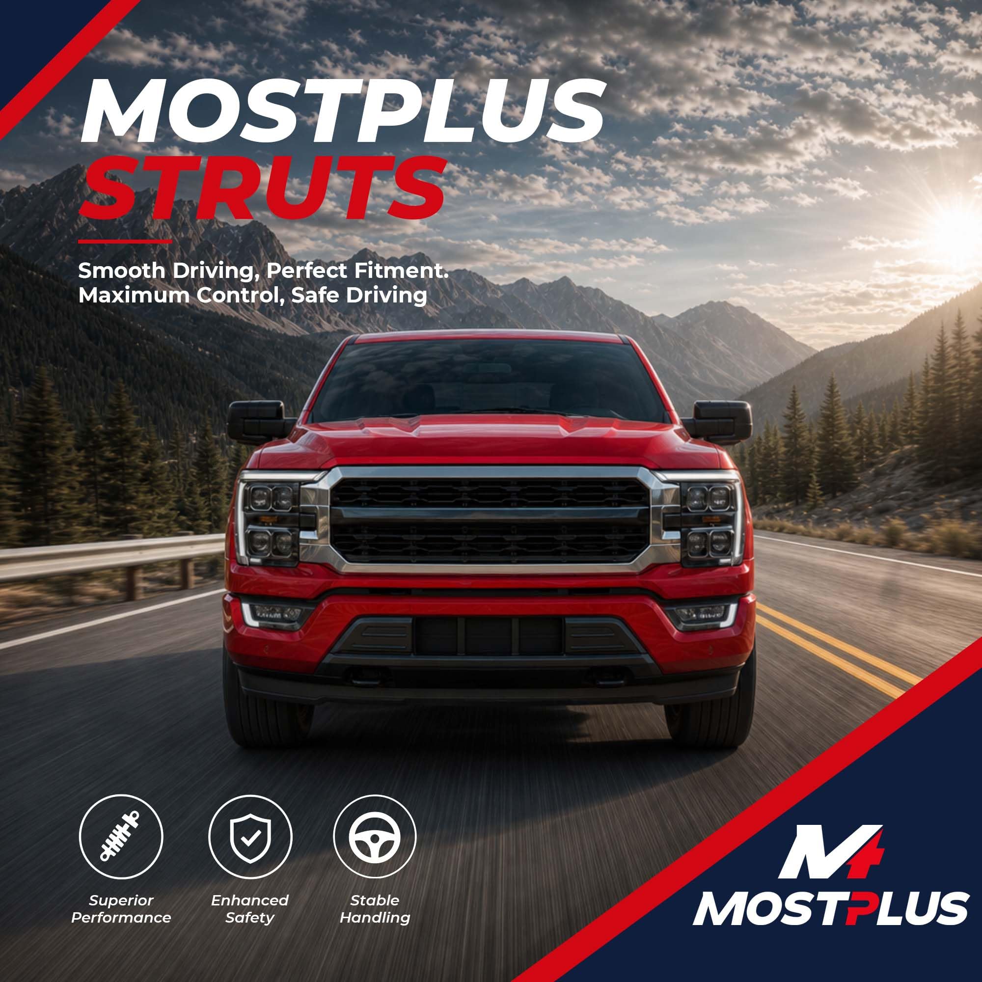 MOSTPLUS car on road scene illustrating improved handling and smoother ride feel