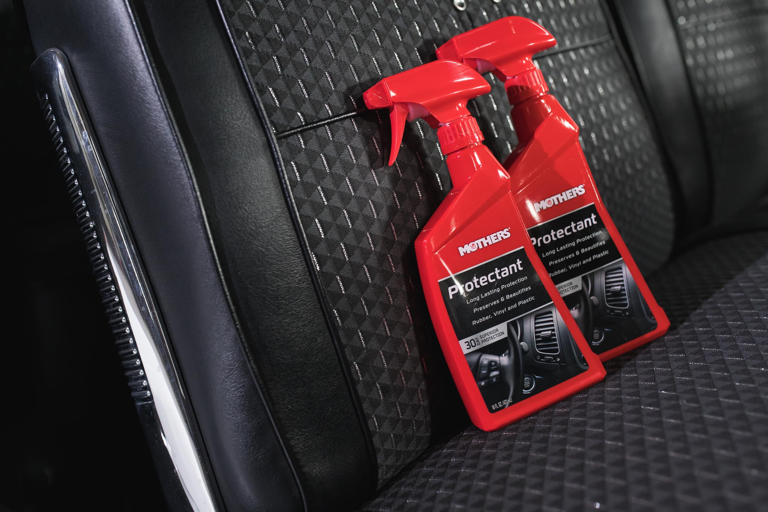 Mothers protectant in a detailing setup with cloths to show practical use benefit