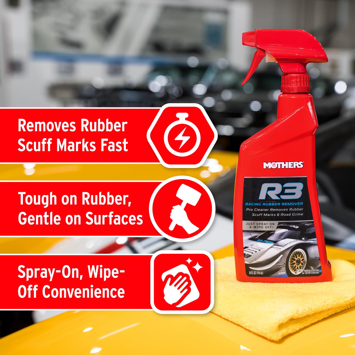 Mothers R3 nozzle close-up emphasizing controlled spray for precise use
