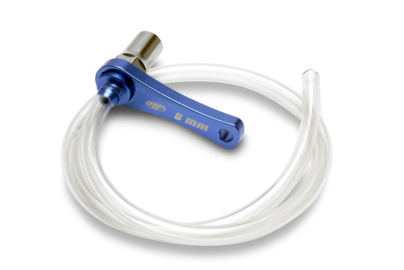 Motion Pro 08-0482 close-up in use on motorcycle bleeder nipple, enabling precise fluid control