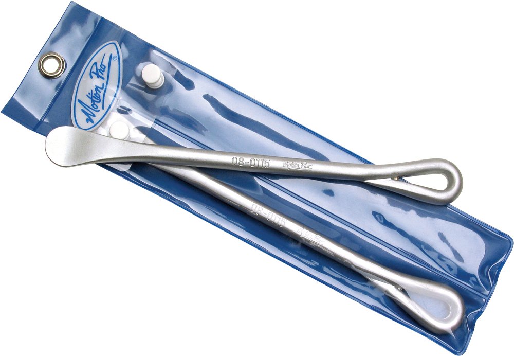 Motion Pro spoon tire irons front view showing two levers and finish for easy handling