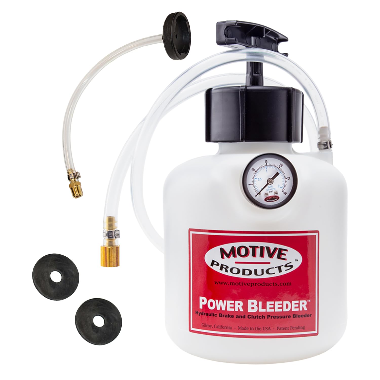 Motive Products 0108 front view showing tank and pump for easy one-person bleeding