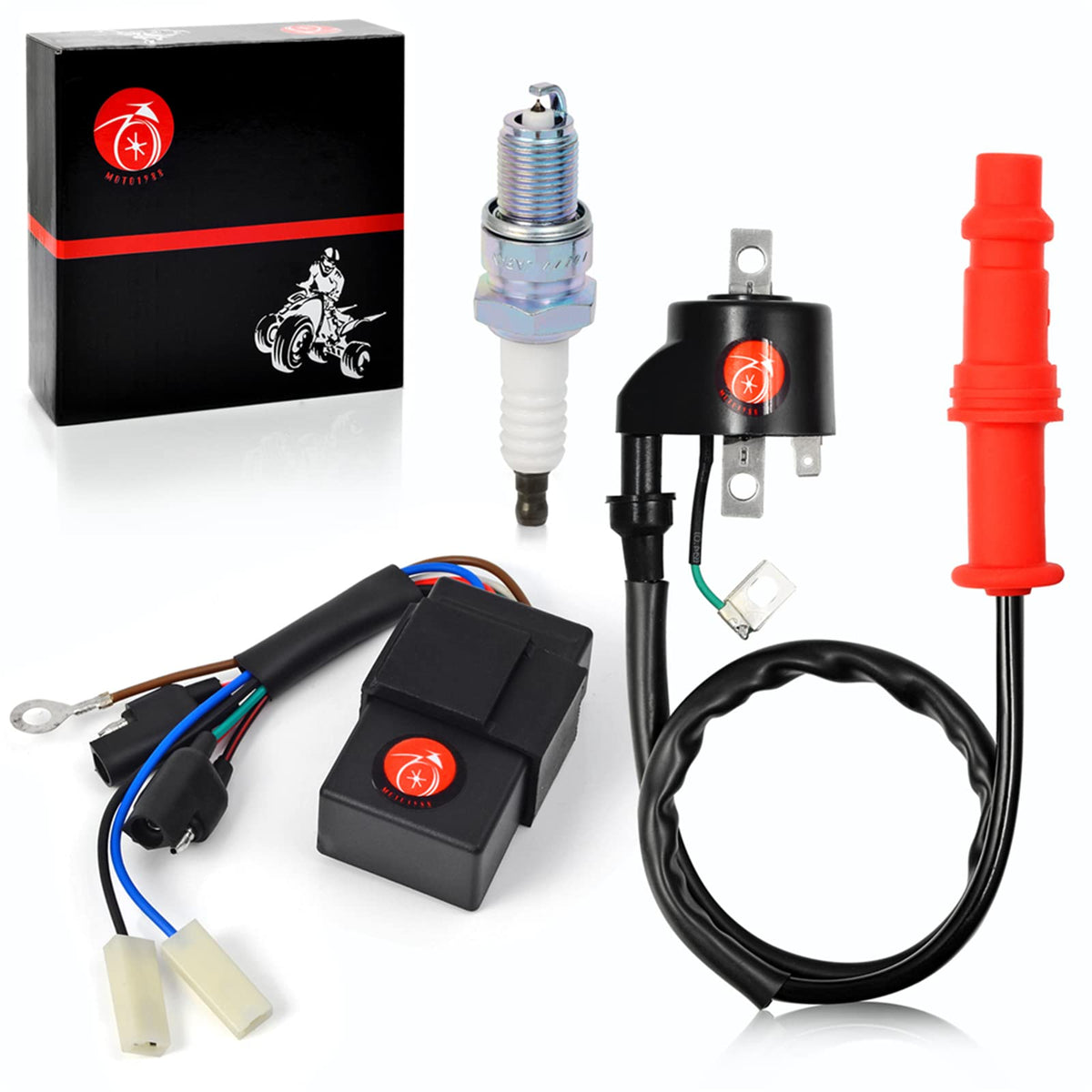 MOTO1988 front view of coil CDI and spark plug kit, reliable replacement