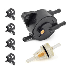 MOTO1988 8mm fuel filter and four 10mm clamps laid out for complete kit convenience