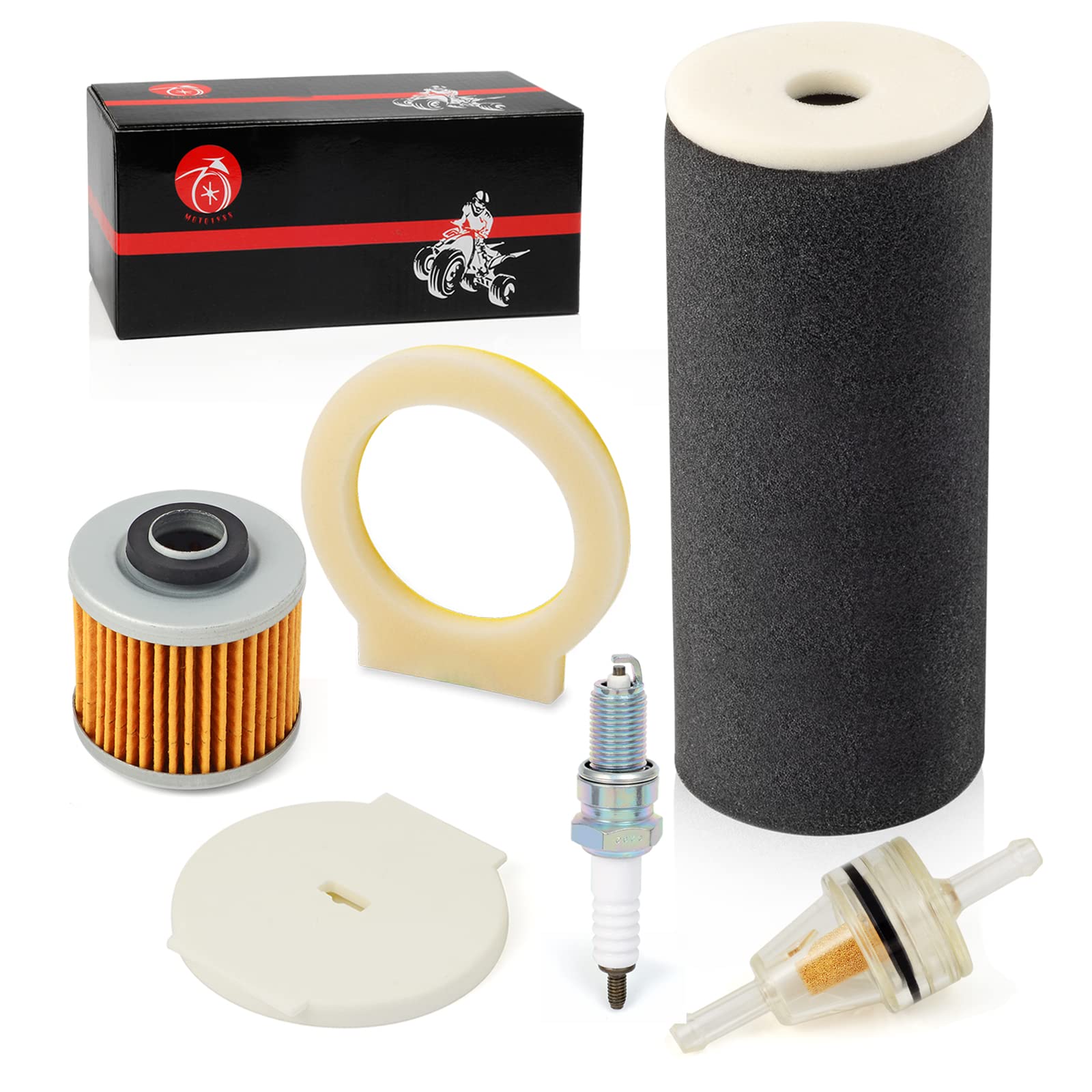MOTO1988 spark plug and oil filter side-by-side showing correct size fit