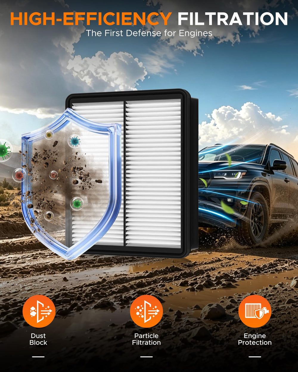 MOTOALL engine and cabin filters side-by-side to show correct replacement sizing