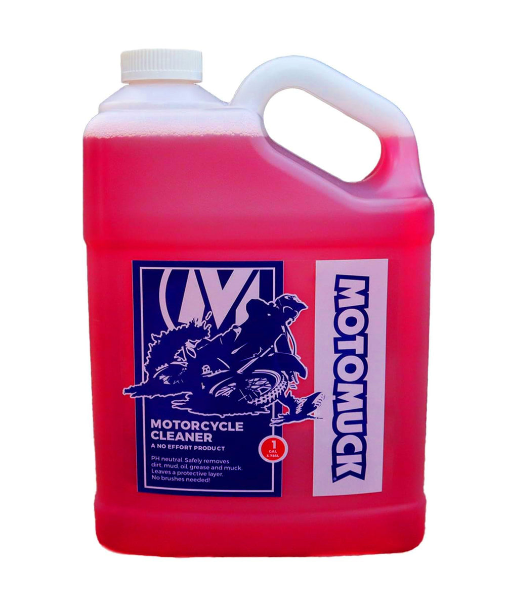 Motomuck 1-gallon bottle front label showing product and refill details, easy storage benefit