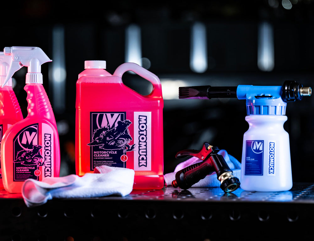 Motomuck being sprayed on motorcycle showing effective cleaning and time savings