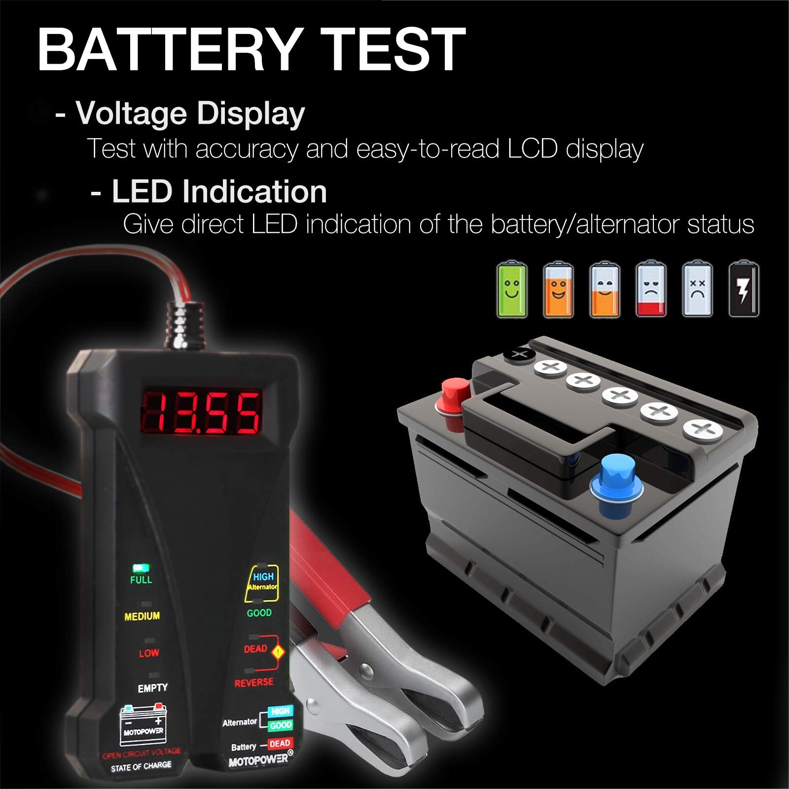 MOTOPOWER close-up of LCD and colored LEDs offering precise readable results