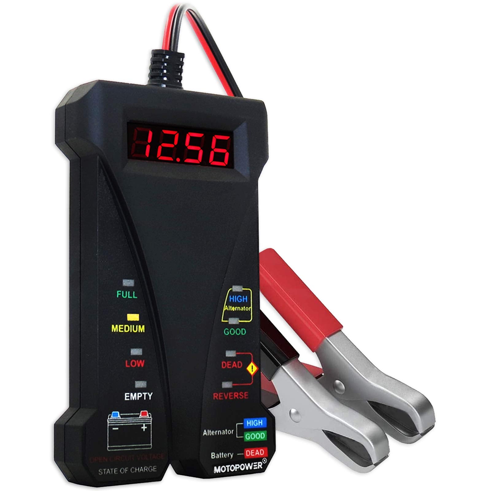 MOTOPOWER front panel display showing voltage and LED status for quick diagnosis