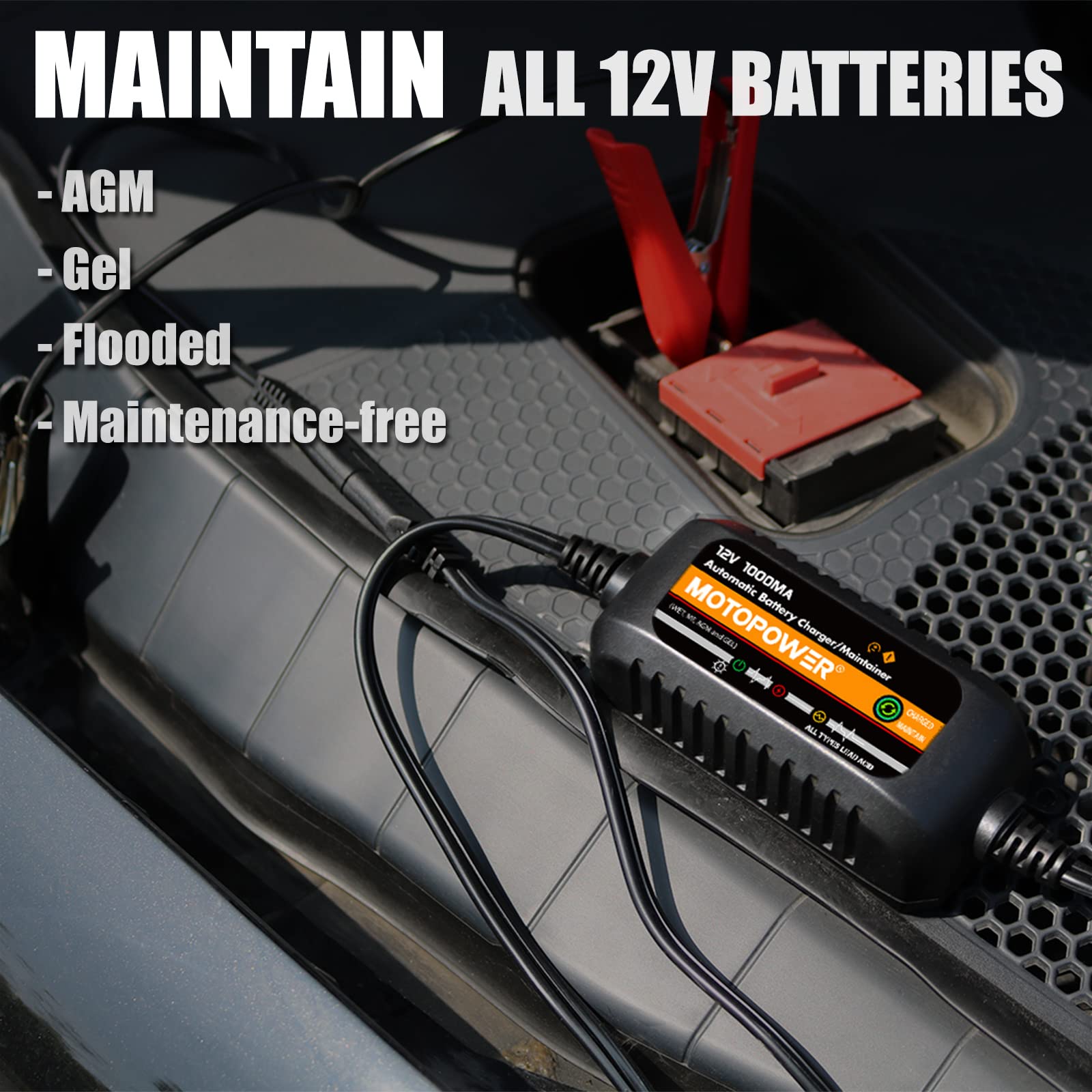 MOTOPOWER in use on a motorcycle battery demonstrating convenient maintenance while stored