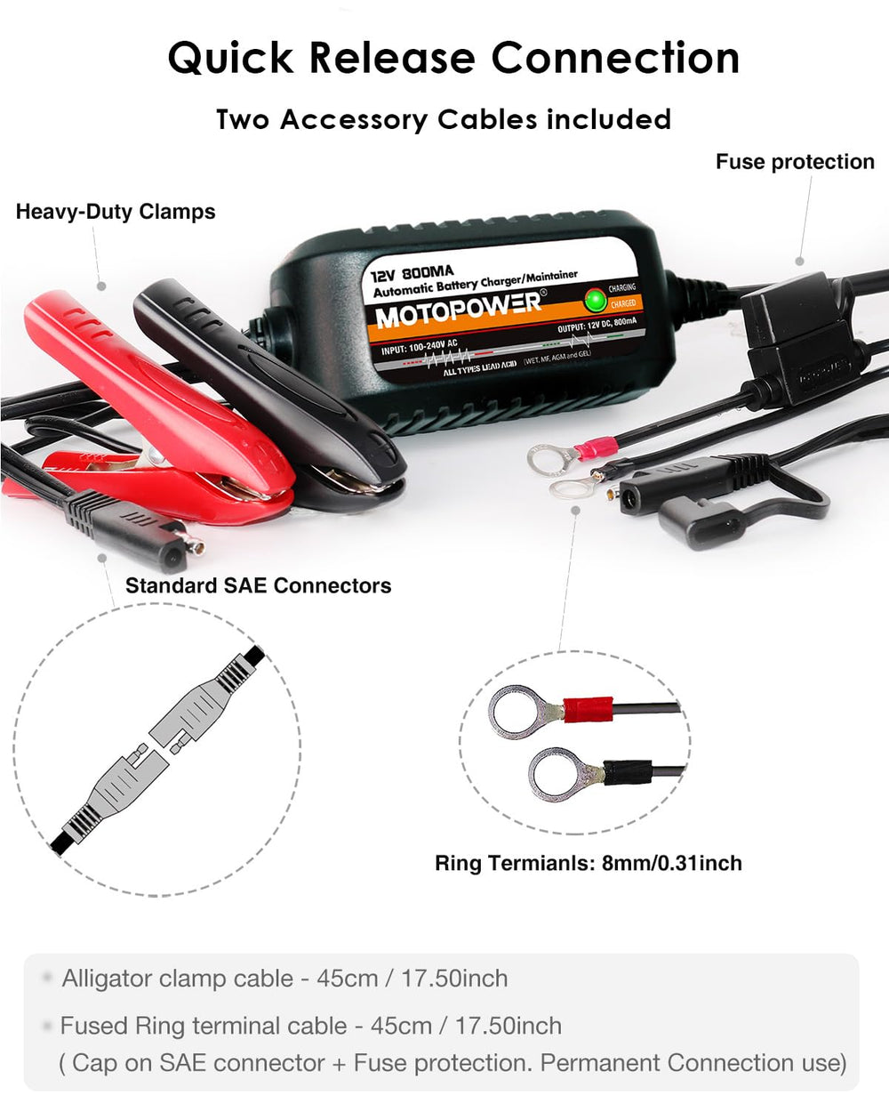 MOTOPOWER attached to lawnmower battery showing convenient seasonal storage maintenance