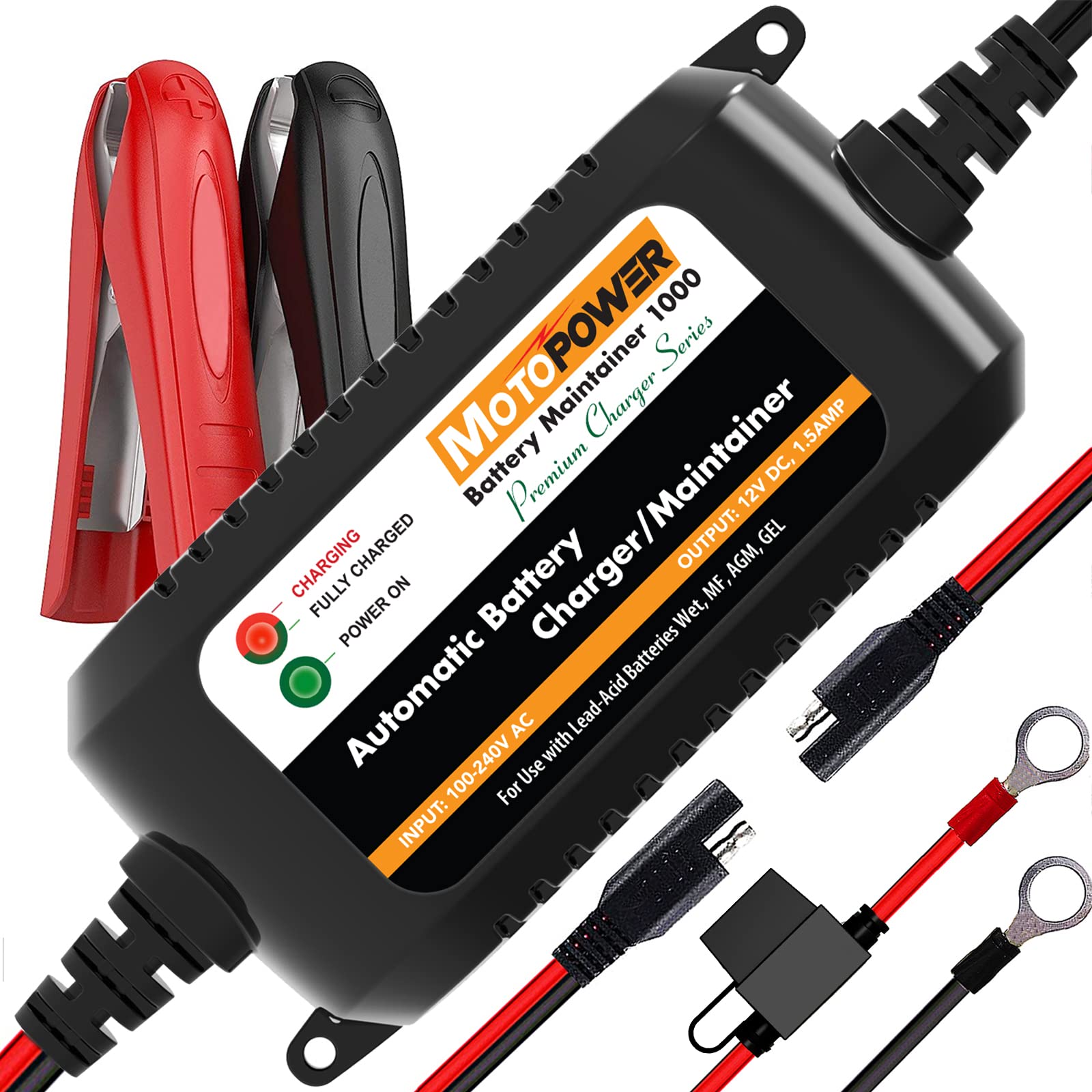 MOTOPOWER front view showing compact charger and easy controls for convenience