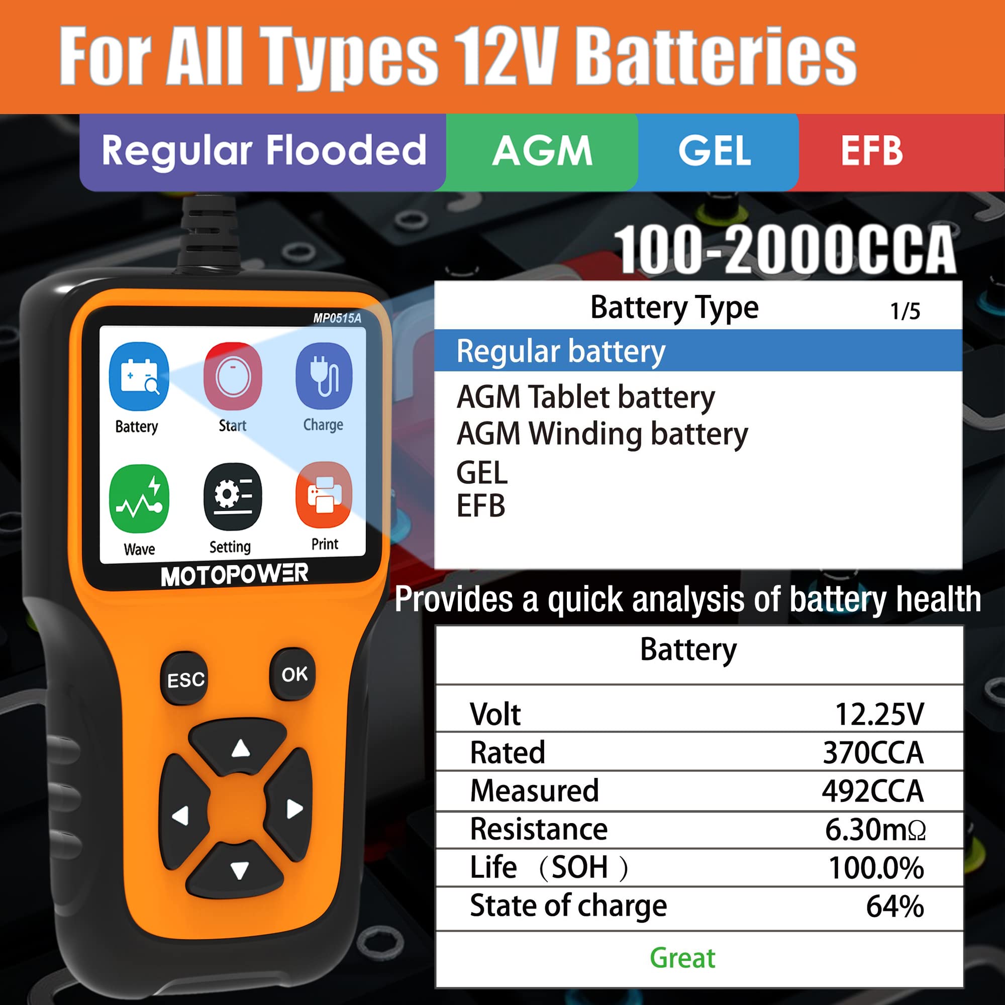 MOTOPOWER MP0515A 3-inch color screen closeup for clear, multilingual test readouts