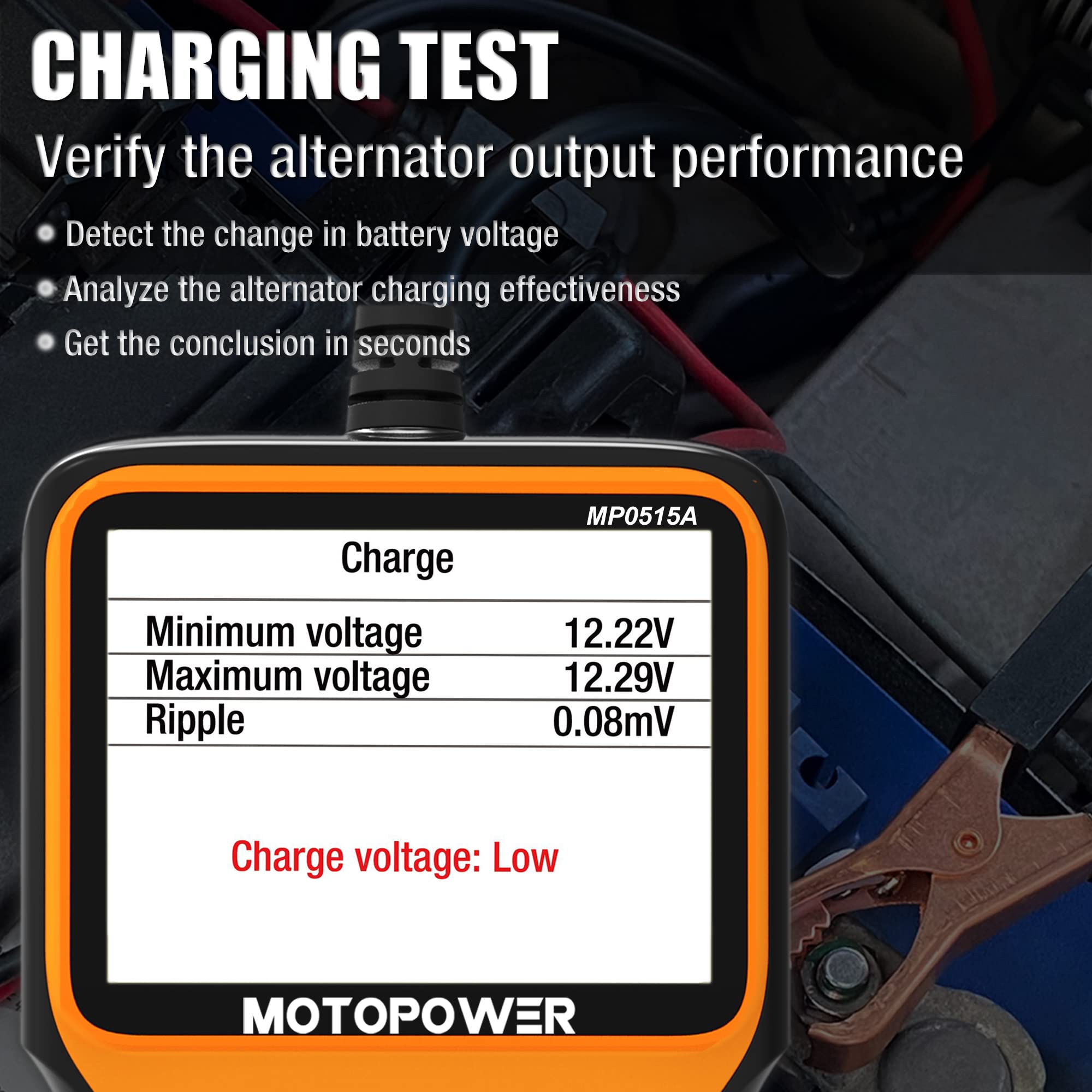 MOTOPOWER MP0515A in use under hood to check battery and alternator output quickly
