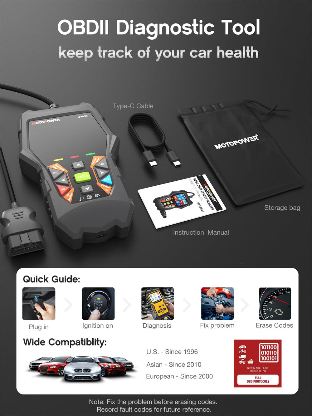 MOTOPOWER rear view highlighting buttons and ergonomic case for comfortable handling