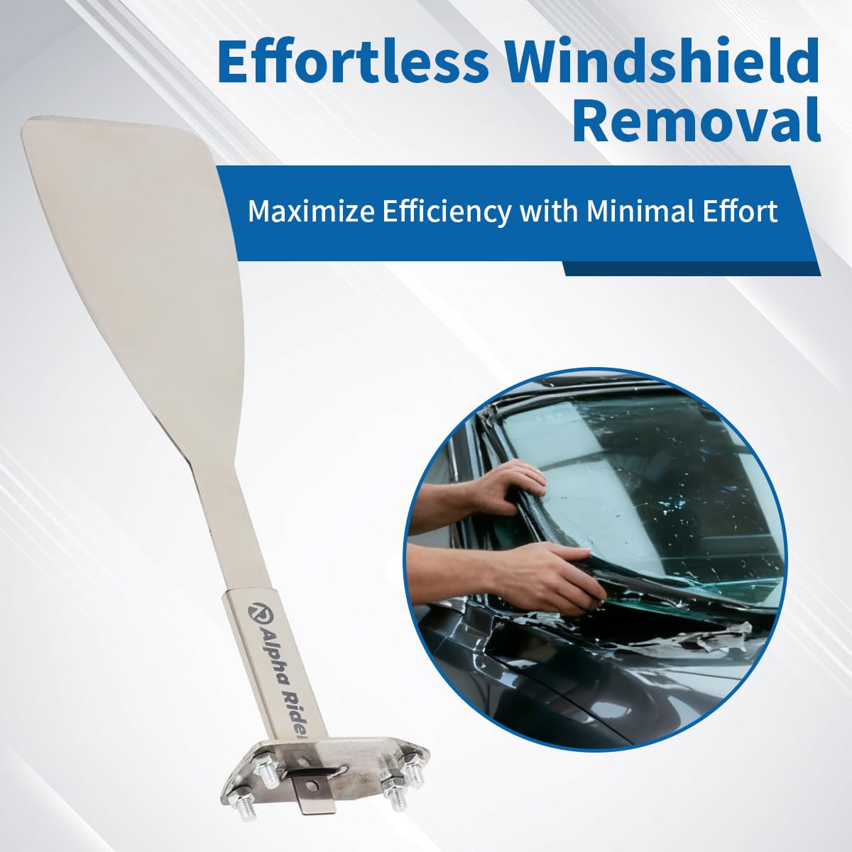MOTOQUEEN blade cutting urethane adhesive showing faster removal benefit