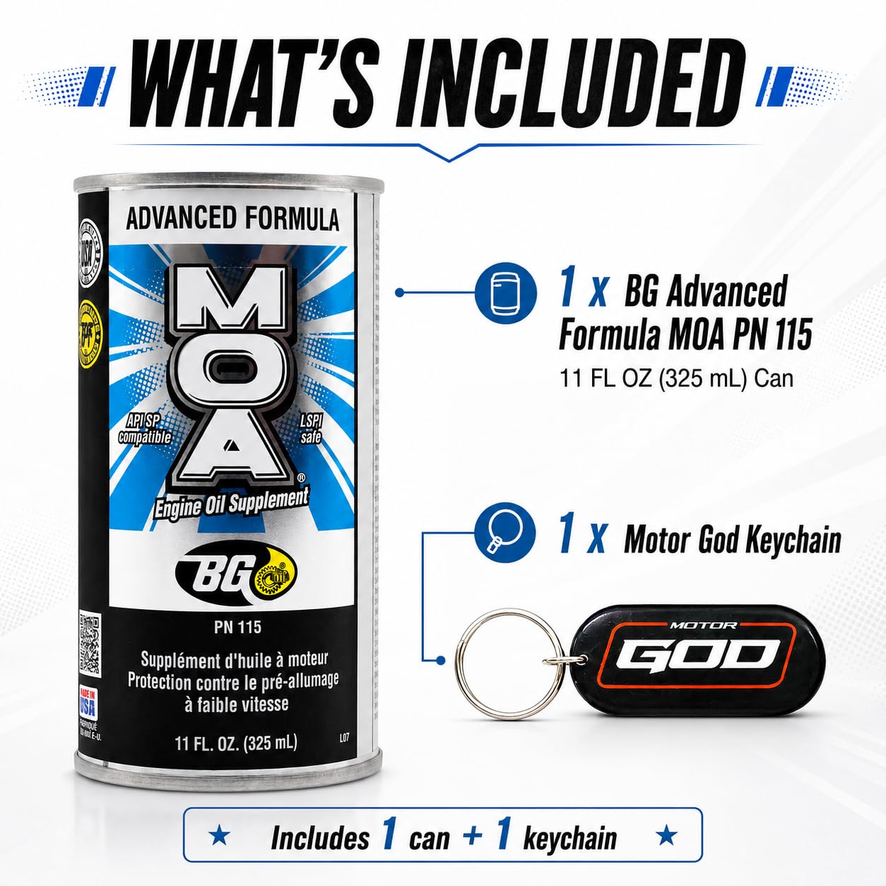 Motor God BG MOA includes keychain accessory beside the can illustrating the included bonus