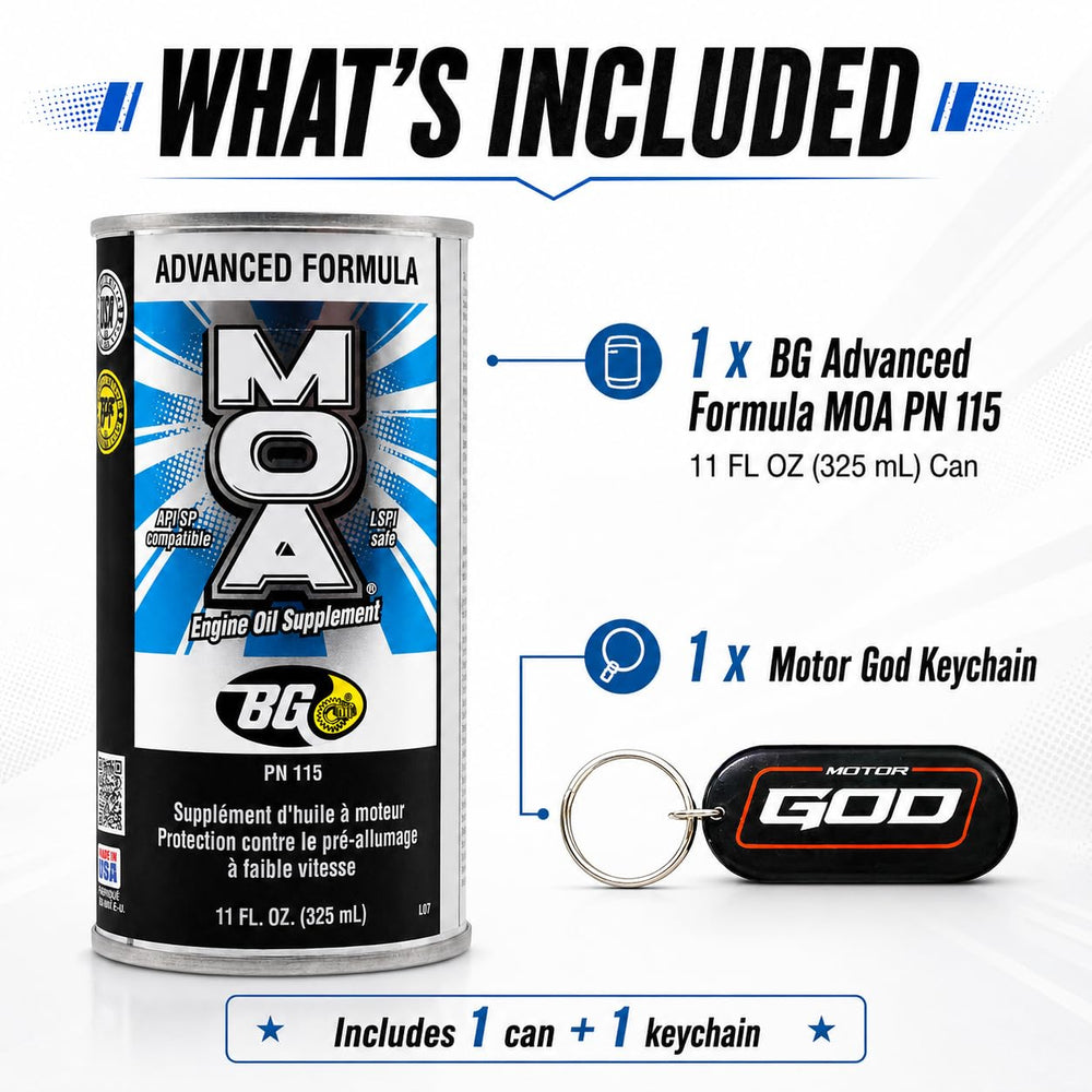 Motor God BG MOA includes keychain accessory beside the can illustrating the included bonus