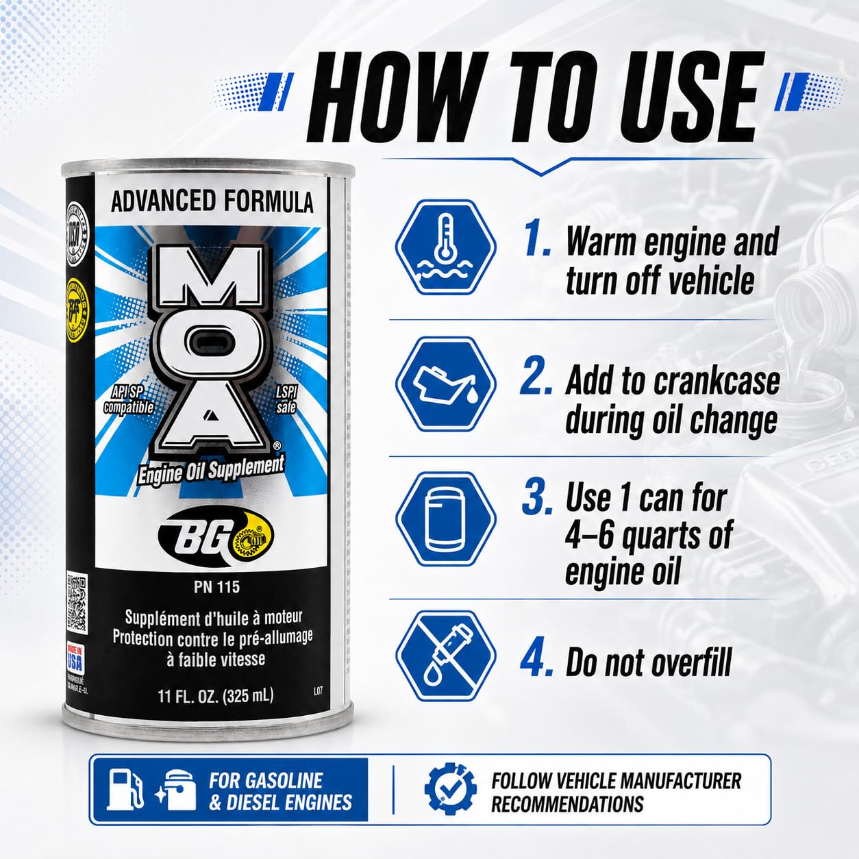 Motor God BG MOA product finish close-up showing can texture and durable packaging benefit