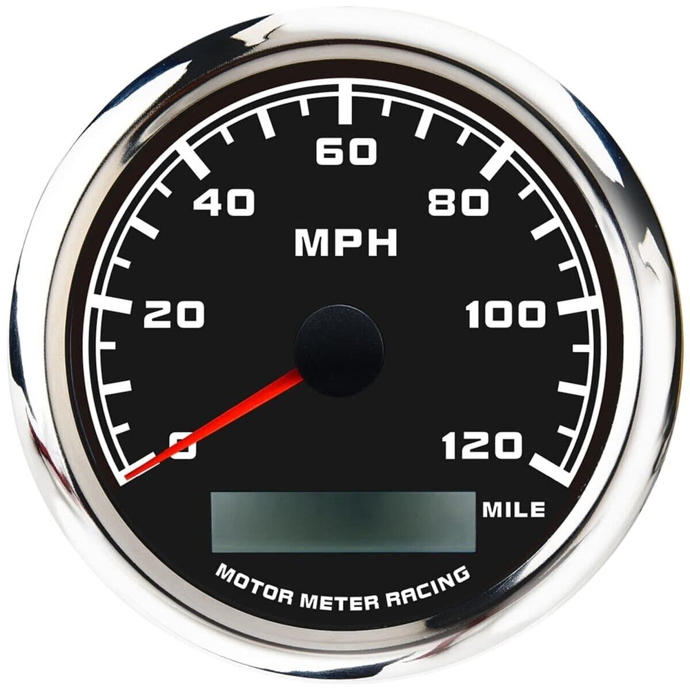 MOTOR METER RACING front view of speedometer showing clear face and red needle for quick reading