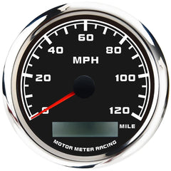 MOTOR METER RACING front view of speedometer showing clear face and red needle for quick reading