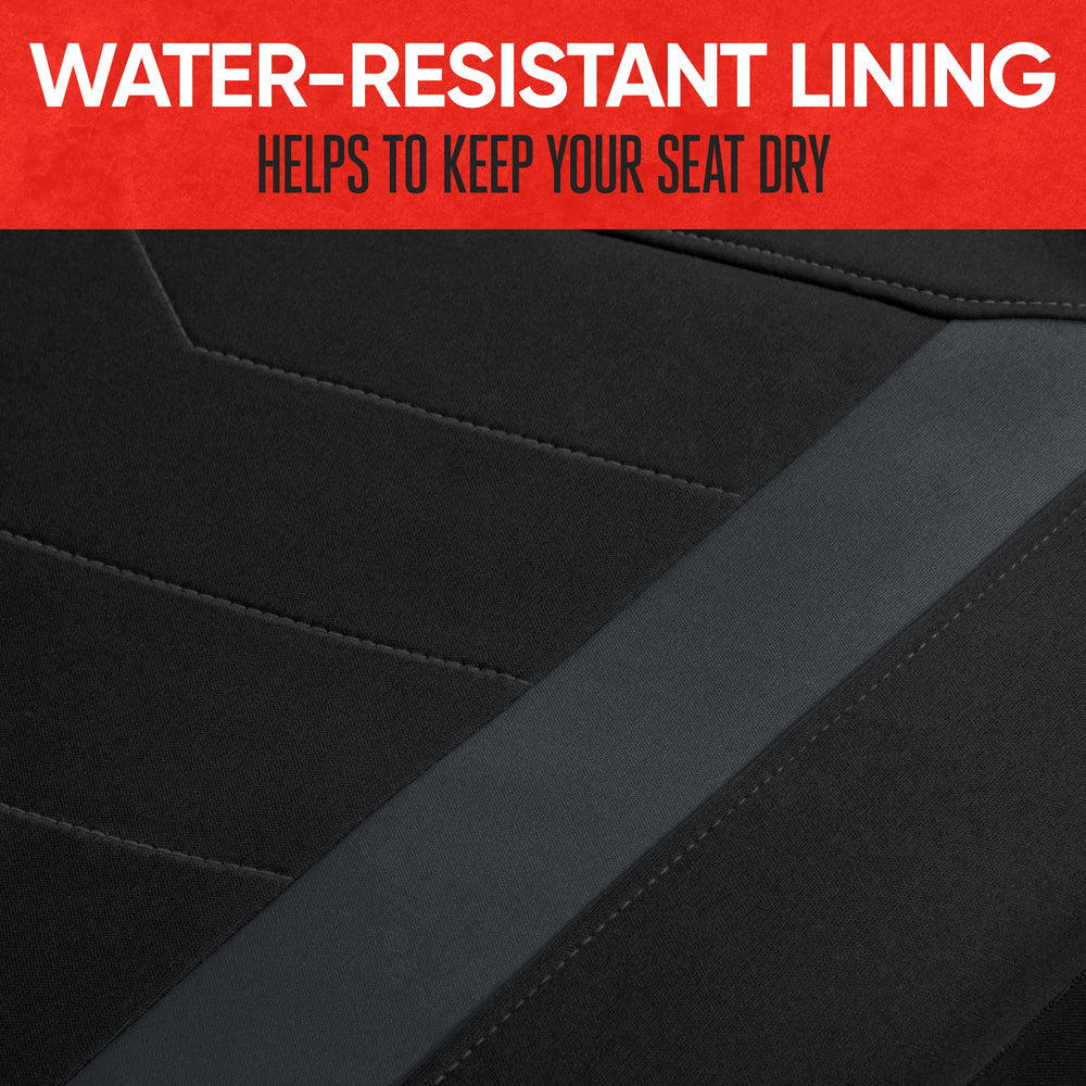 Motor Trend seat cover beside water bottle showing fit scale