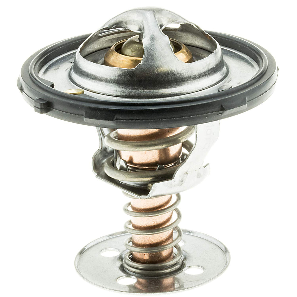 MotoRad thermostat front view showing mounting flange and gasket for correct fit