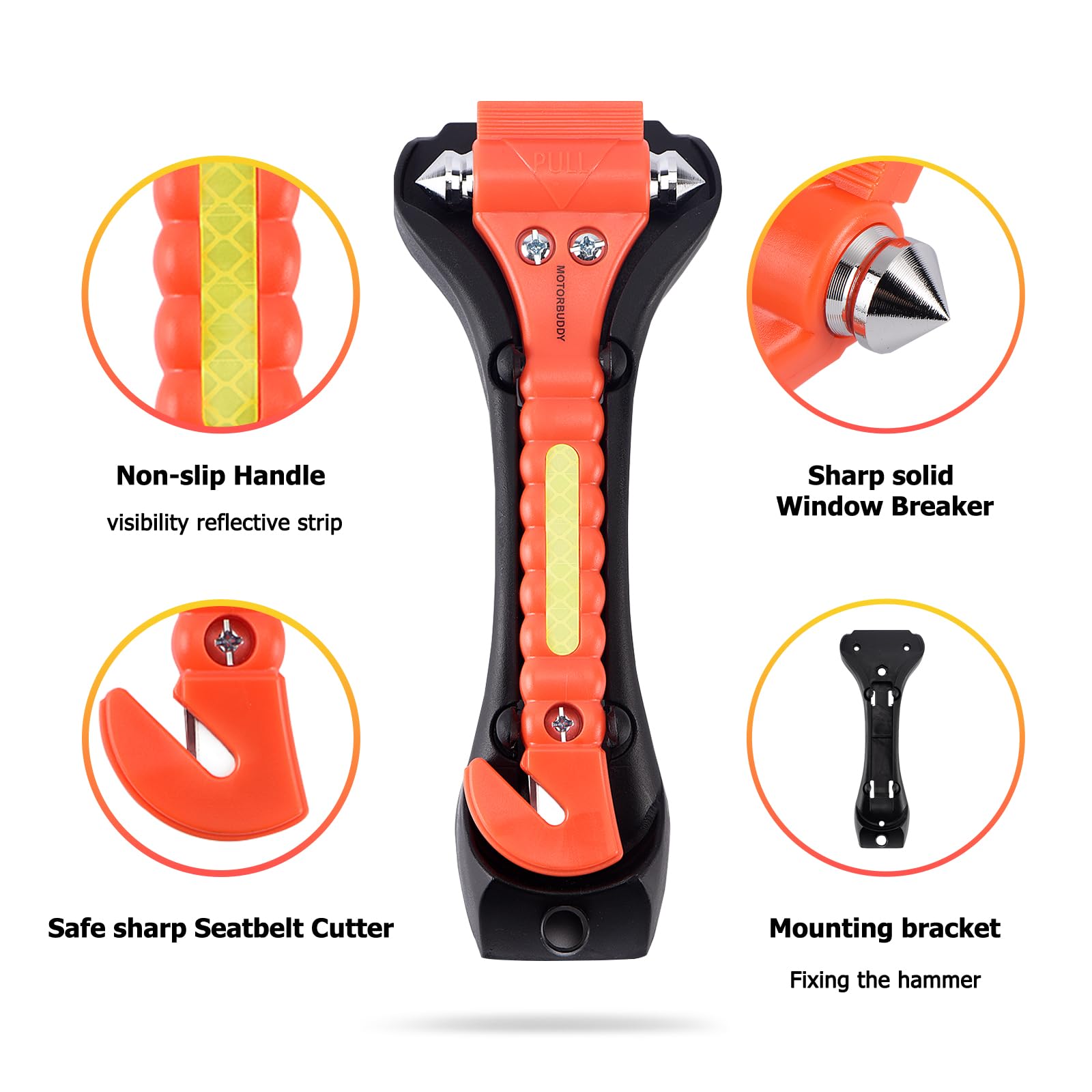MOTORBUDDY stainless-steel seatbelt cutter detail enabling quick belt release