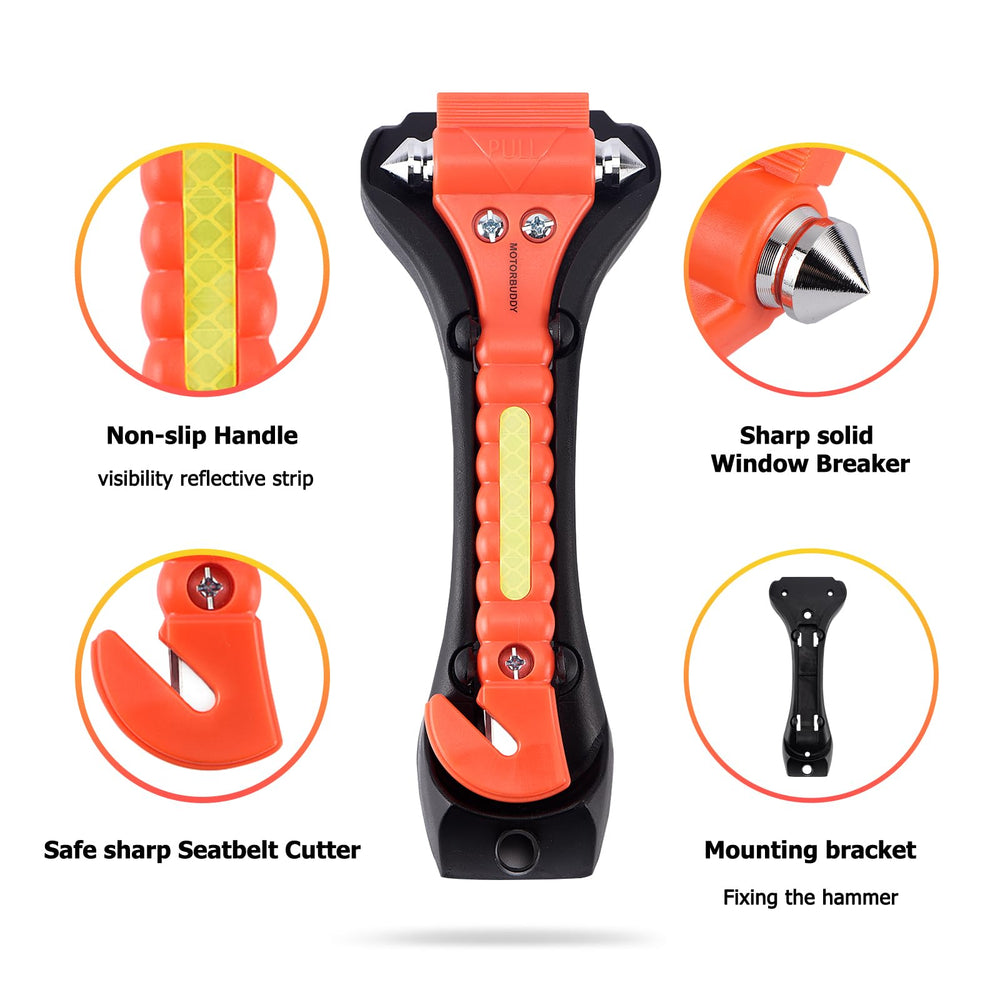 MOTORBUDDY stainless-steel seatbelt cutter detail enabling quick belt release