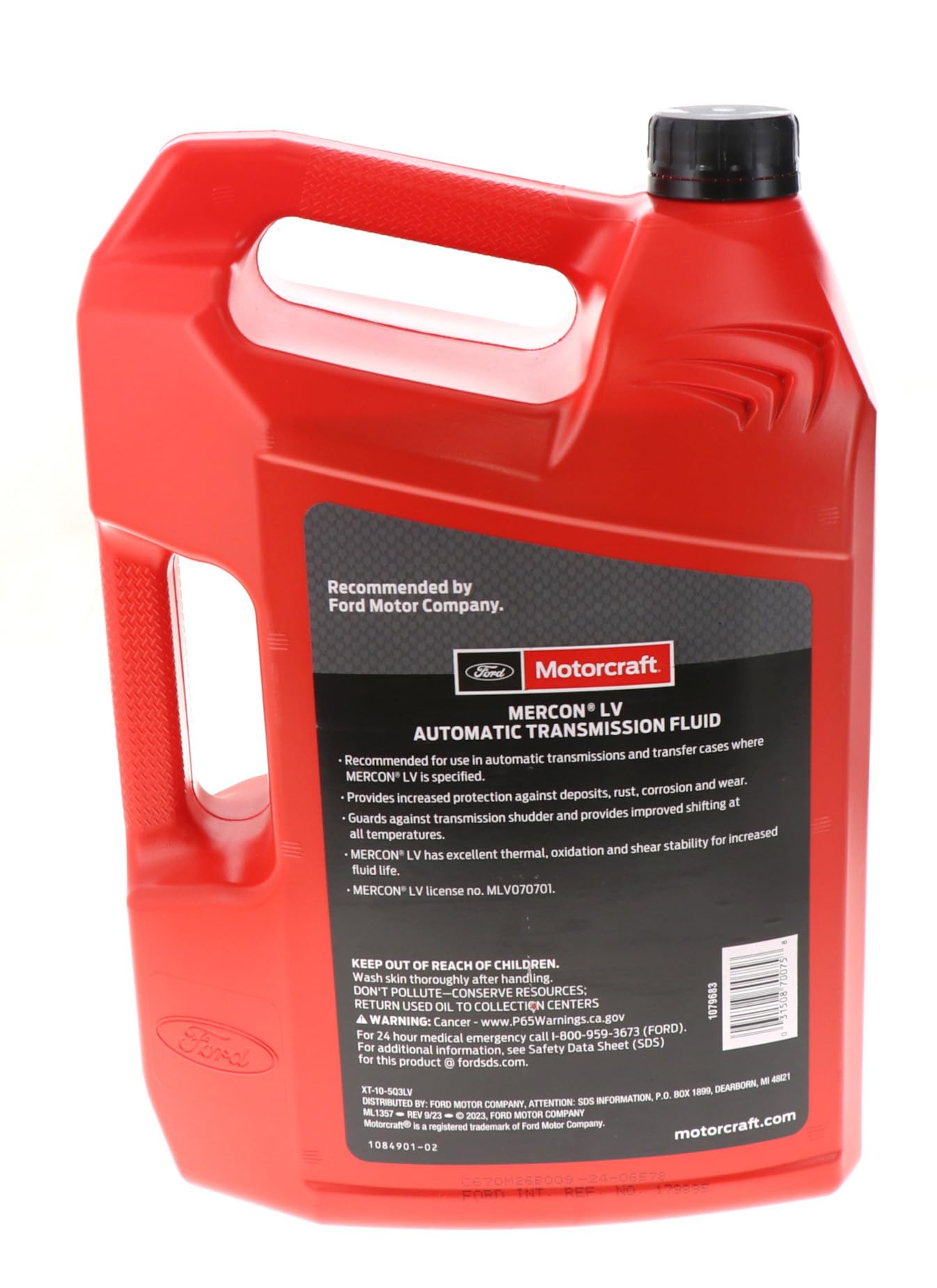 Motorcraft XT105Q3LV being poured into a transmission funnel demonstrating easy refill benefit